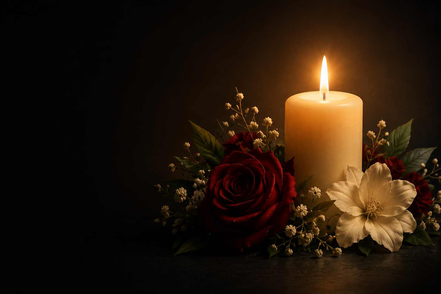 A lit memorial candle surrounded by red and white flowers on a dark background